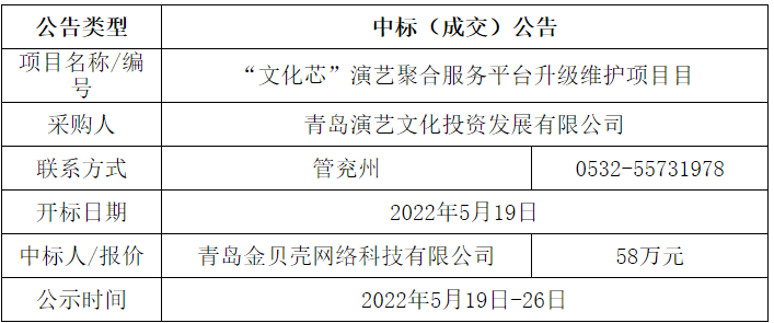 青岛演艺文化投资发展有限公司——“文化芯”演艺聚合服务平台升级维护项目中标公告